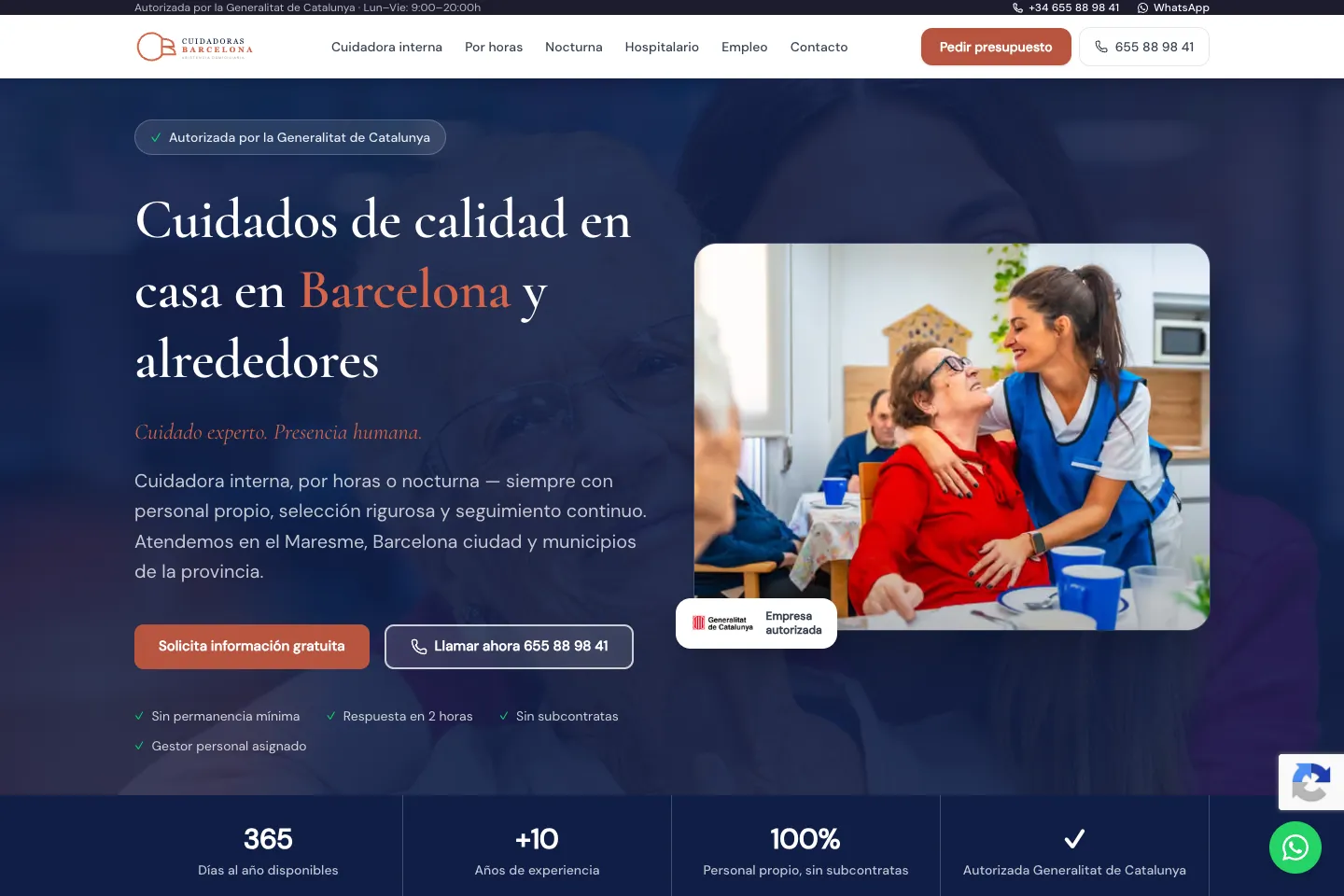 Portada de la web de Cuidadoras Barcelona (cuidadorasbarcelona.com)